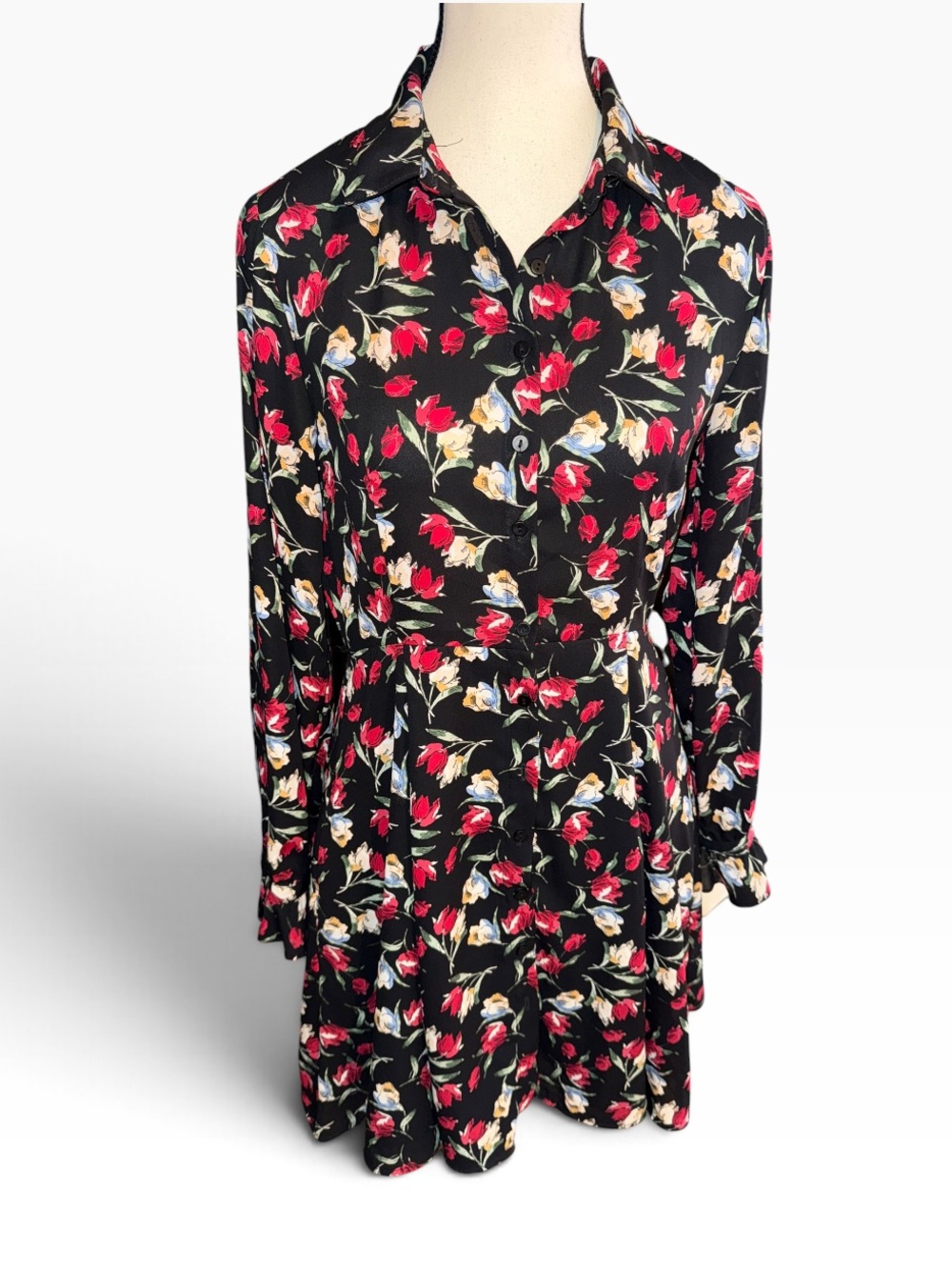 Zara Basic Z1975 Floral Shirt Dress M Black Red Fit Flare Long Sleeve midi fall